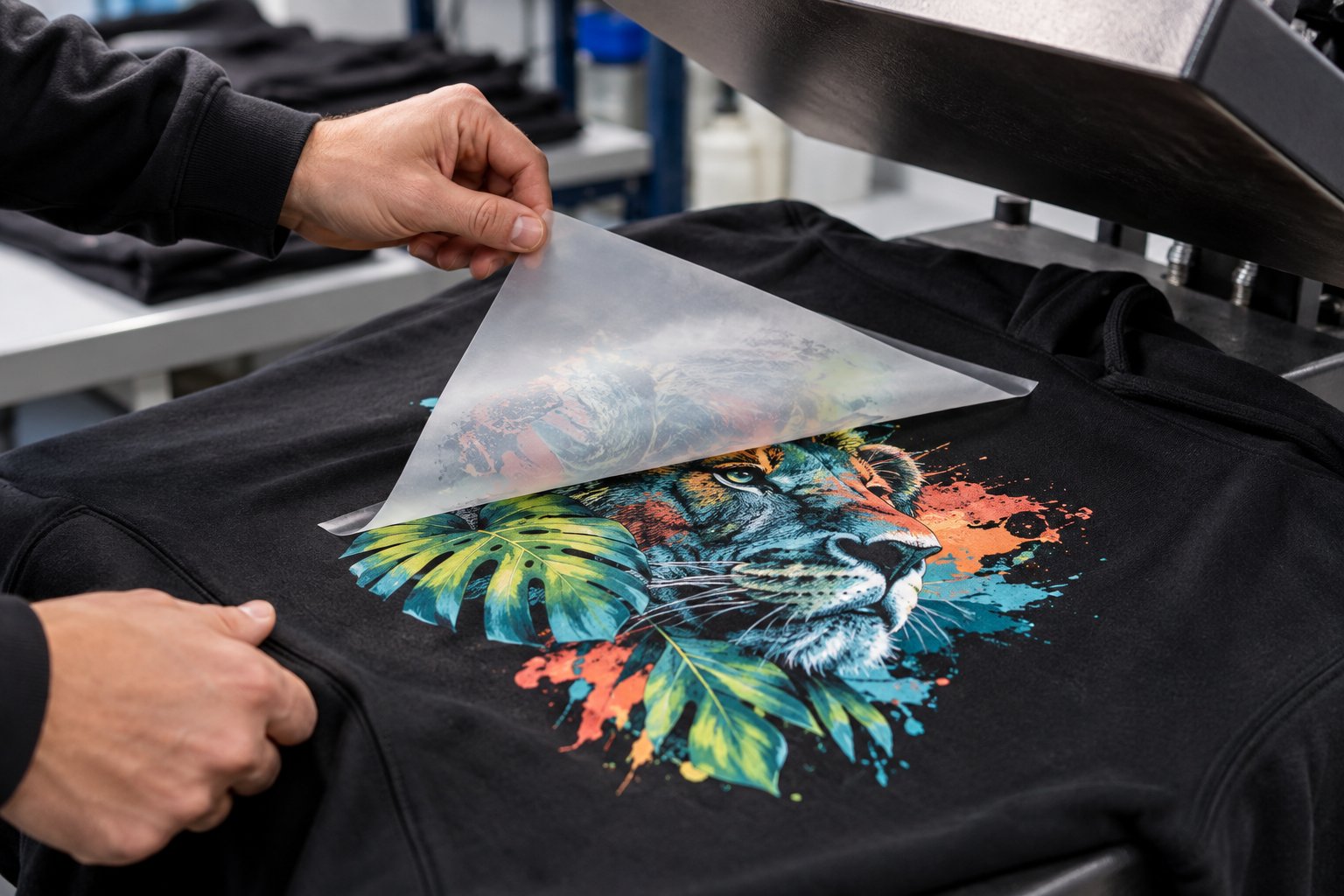 DTF-Transfer wird von einem Hoodie abgezogen