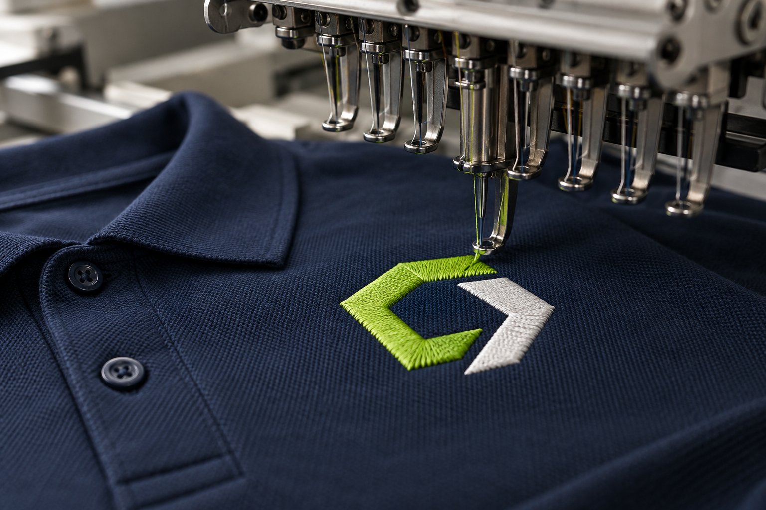 Stickmaschine veredelt ein navyfarbenes Polo
