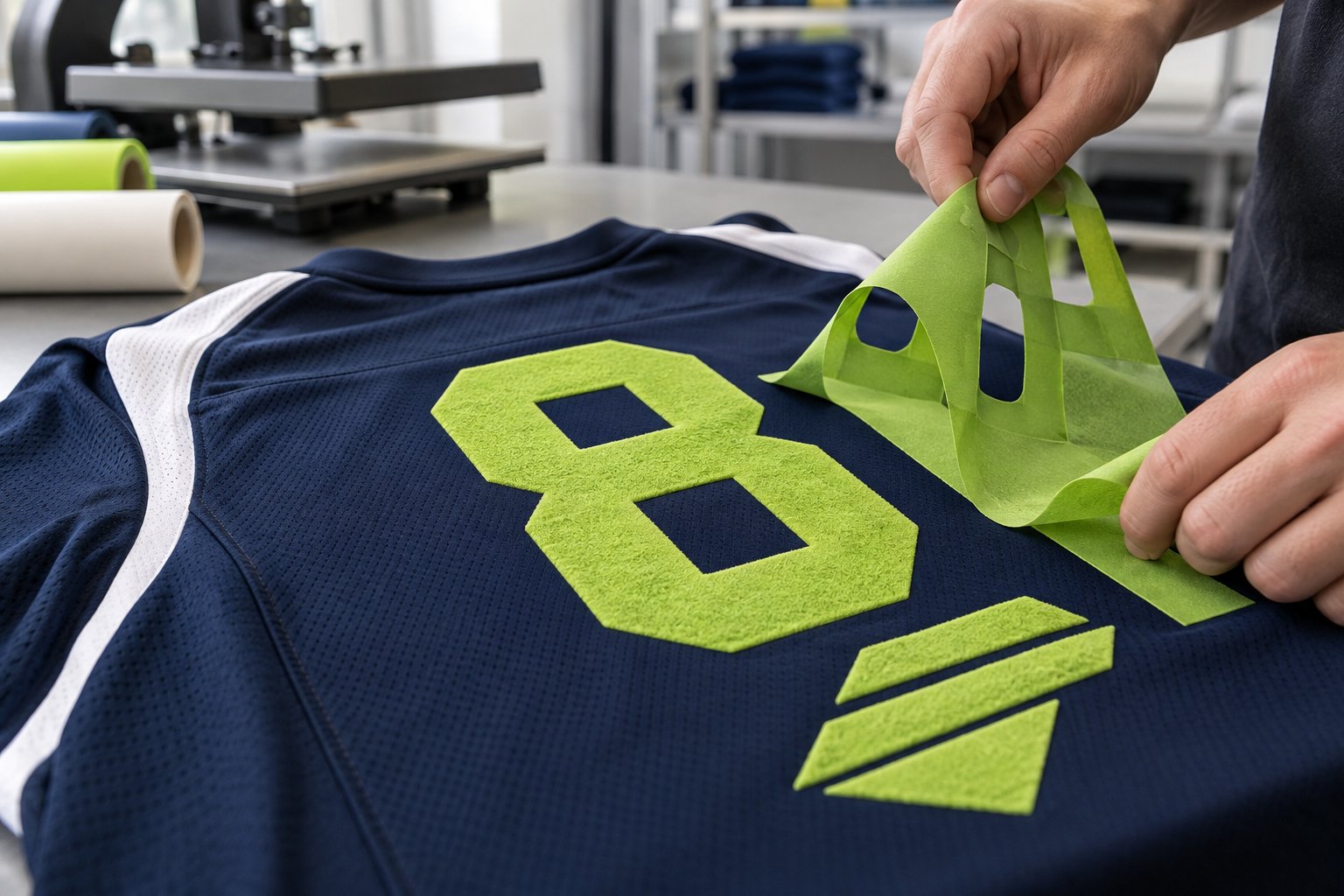 Flockfolie wird von einem navyfarbenen Trikot gelöst
