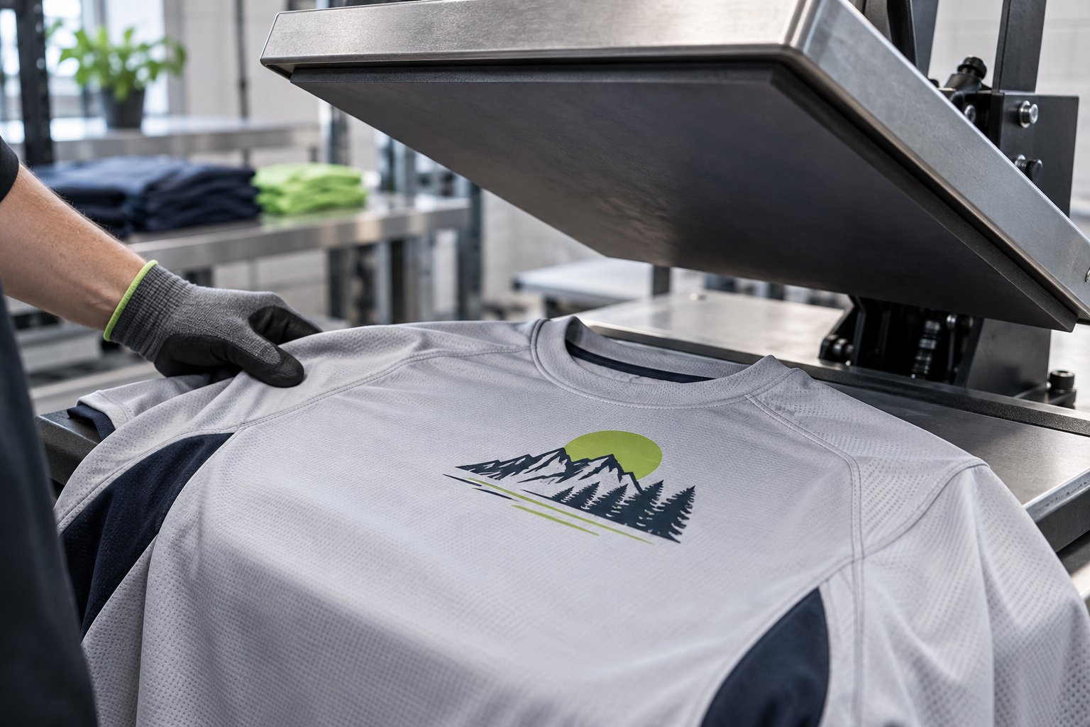 Transferdruck wird mit einer Presse auf ein Sportshirt aufgebracht